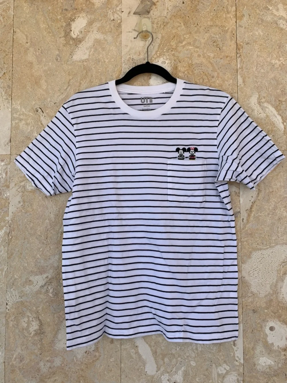 Uniqlo White & Black Striped Pocket Tee with Mickey & Minnie Embroidery - Picture 1 of 11